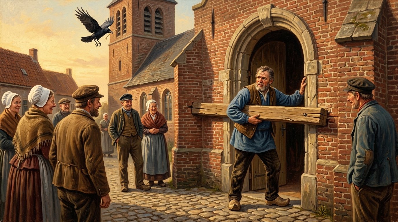 De legende van Dwersklippelgat tot leven gewekt: De koppige Nuenense koster probeert met een balk dwars door de kerkdeur te lopen, terwijl een kraai met een strootje in de lengte door het toren-galmgat vliegt